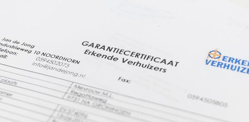 Garantiecertificaat Jan de Jong Verhuizingen